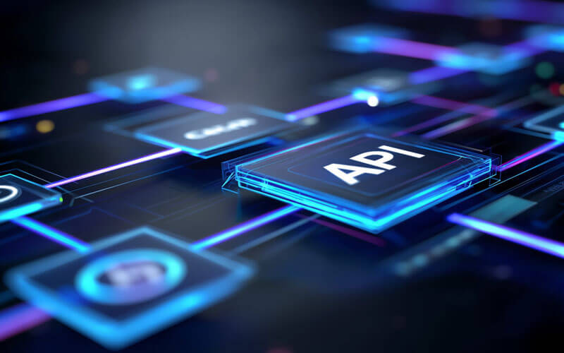Digital illustration of a glowing blue microchip labeled API with circuit pathways.